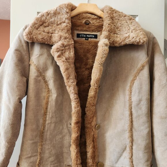 Steve Madden Vintage Y2k Genuine Leather Faux Shearling Long Coat Penny Lane - Picture 3 of 16